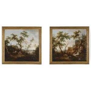 A Pastoral Landscape With Elegant Figures Resting By A Lake, A Villa On A Hill Beyond (+ A Rocky Landscape With Pastoral Figures Resting By A Waterfall; Pair) by Vittorio Amadeo Cignaroli