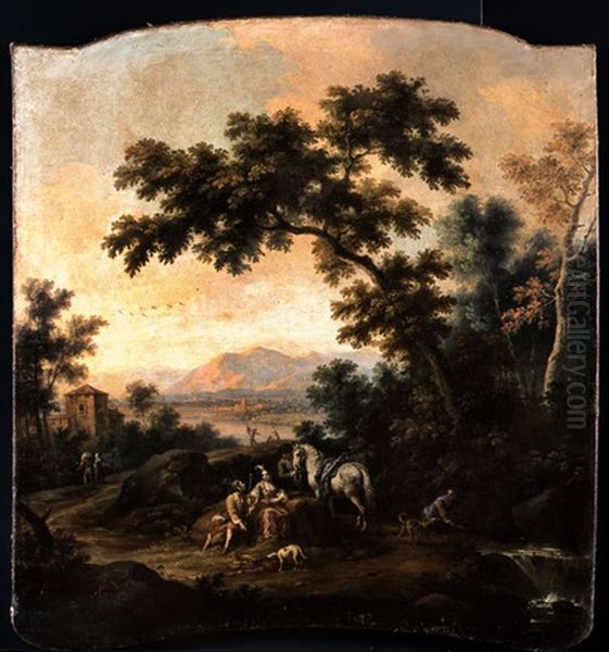 Paesaggio Fluviale Con Donna Elegante E Contadini - view 1