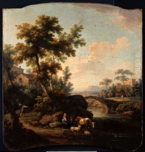 Paesaggio Fluviale Con Pastori, Armenti E Ponte Di Pietra In Lontananza by Vittorio Amadeo Cignaroli