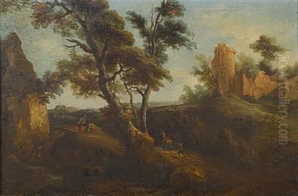 An Italianate Landscape With Travellers On A Country Path Before Ruins - view 1