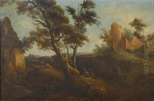 An Italianate Landscape With Travellers On A Country Path Before Ruins by Vittorio Amadeo Cignaroli