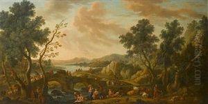 An Extensive River Landscape With Figures Resting On The Banks In The Foreground And Travellers Crossing A Bridge Beyond