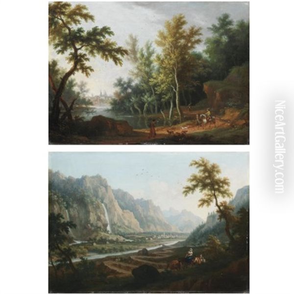 Paesaggio Fluviale Con Viandanti E Una Citta Sullo Sfondo (+ Paesaggio Montuoso Con Viandanti E Cascate; Pair) - view 1