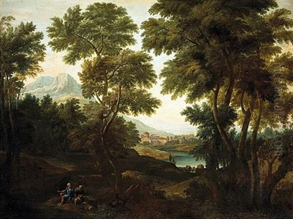 An Extensive Arcadian Landscape With Shepherds And Sheep In The Foreground - view 1
