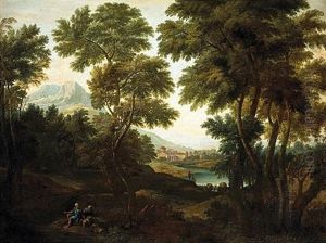 An Extensive Arcadian Landscape With Shepherds And Sheep In The Foreground by Vittorio Amadeo Cignaroli