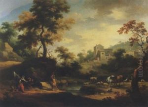 Due Cavalieri Presso Un Fiume Con Un Ponte Turrito Ed Un Edificio Circolare Sullo Sfondo by Vittorio Amadeo Cignaroli