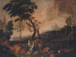 A Pastoral Landscape With A Shepherdess Seated Beside Cattle And Her Flock And A Girl Carrying Flowers, And A Riverside Town Beyond