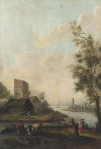 Paesaggio Fluviale Con Torrione, Viandanti E Armenti by Vittorio Amadeo Cignaroli