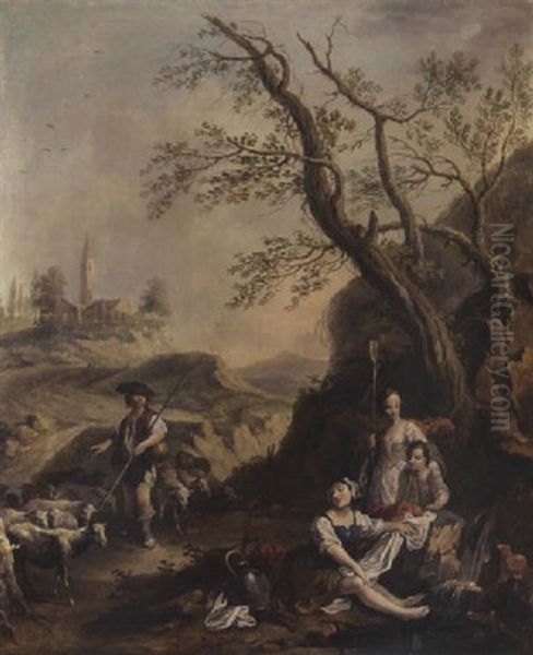 A Hilly Landscape With A Shepherd And His Flock On His Path With Three Shepherdesses Resting By A Stream by Vittorio Amadeo Cignaroli