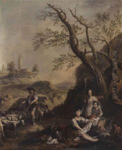 A Hilly Landscape With A Shepherd And His Flock On His Path With Three Shepherdesses Resting By A Stream by Vittorio Amadeo Cignaroli