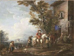 An Italian Landscape With Horsemen Halting At An Inn by Vittorio Amadeo Cignaroli