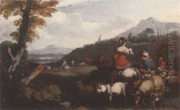 Cowherds And Shepherdesses With Their Livestock In A Hilly Italianate Landscape - view 1