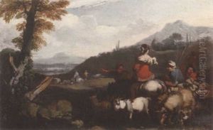 Cowherds And Shepherdesses With Their Livestock In A Hilly Italianate Landscape by Vittorio Amadeo Cignaroli