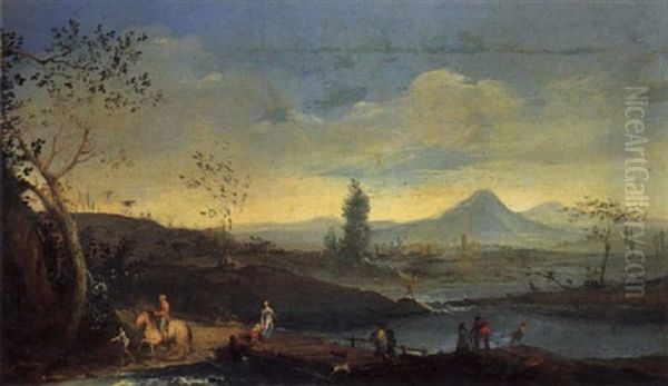Paesaggio Fluviale Con Pescatori E Viandanti - view 1