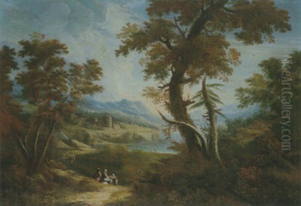 A Mountainous Landscape With Figures Resting Near A Village, Overlooking A River - view 1