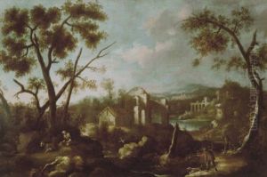 Paesaggio Lacustre Con Cacciatori E Case Diroccate Sullo Sfondo Paesaggio Lacustre Con Cacciatori E Case Diroccate Sullo Sfondo