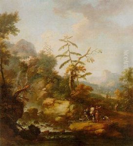 A Wooded Landscape With Huntsmen And Their Dogs Resting During A Hunt, Travellers Beyond