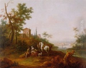 A River Landscape With An Elegant Couple Resting By Their Horses, A Villa Beyond