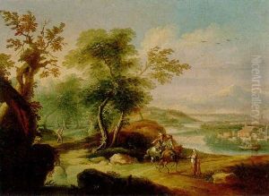 A Wooded River Landscape With Two Horsemen And Other Figures On A Track, A Town Beyond