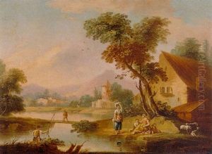 A River Landscape With An Angler And Washerwomen On The Banks Of A River by Vittorio Amadeo Cignaroli
