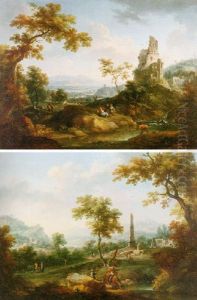 An Extensive River Landscape With Figures Resting By A River, A Ruined Tower Beyond by Vittorio Amadeo Cignaroli