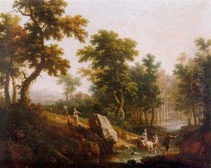 A Wooded Landscape With Travellers Crossing A Ford On Horseback And On Foot A Wooded Landscape With Travellers Crossing A Ford On Horseback And On Foot