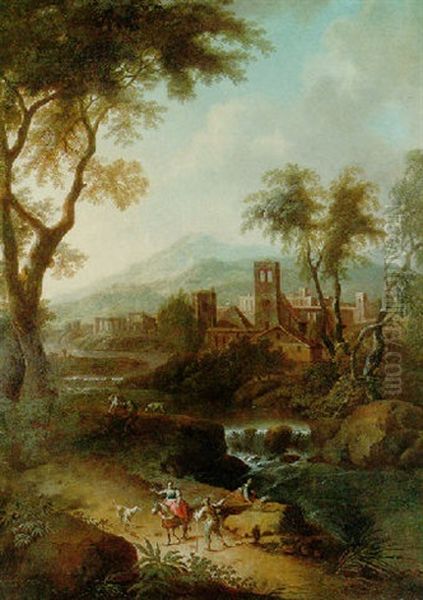 An Italianate Wooded River Landscape With Travellers On A Path, A Town Beyond - view 1