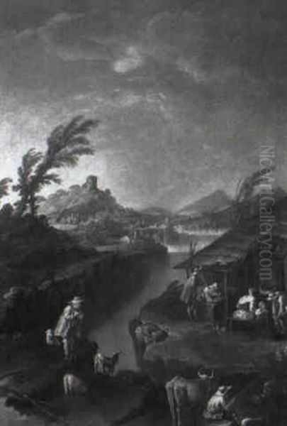 Herdsmen And Their Livestock On A Riverbank With A Peasant Family - view 1