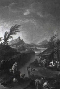 Herdsmen And Their Livestock On A Riverbank With A Peasant Family by Vittorio Amadeo Cignaroli