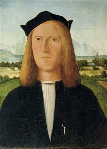 Portrait Of A Young Gentleman In A Black Costume And White Chemise With A Black Cap, A Mountainous River Landscape Beyond - view 1