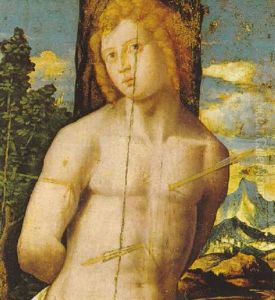 Der Heilige Sebastian In Einer Gebirgigen Landschaft, Rechts Im Hintergrund Die Stadt Conegliano by Giovanni Battista Cima da Conegliano