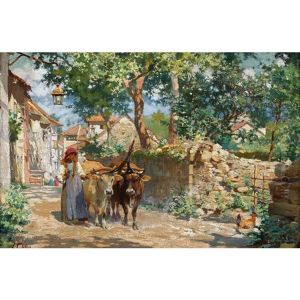 Dorfpartie Mit Bauerin Und Rindern by Luigi Cima
