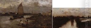 Partenza Per La Pesca E Canale Nella Campagna (2 Works) by Luigi Cima
