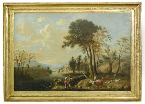 A Couple Fording A Stream In An Arcadian Landscape With Cattle - view 1
