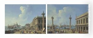 The Piazzetta San Marco, Venice, With The Libreria, The Columns Of Saints Mark And Theodore (+ The Riva Degli Schiavoni, Venice, With Figures Near The Libreria And Column Of Saint Theodore; Pair) by Giovanni Battista Cimaroli