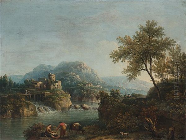 Flusslandschaft Mit Figuren Und Einem Esel; Und Flusslandschaft Mit Hirt, Reiter Und Herde (pair) - view 1
