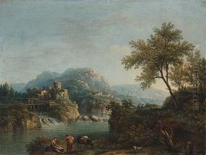Flusslandschaft Mit Figuren Und Einem Esel; Und Flusslandschaft Mit Hirt, Reiter Und Herde (pair)
