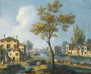 A Landscape At The Outskirts Of A Town With A Peasant Driving His Cattle Along A River Bank