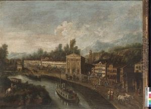 A View Of Mira On The Brenta; And A View Of Dolo On The Brenta (pair) by Giovanni Battista Cimaroli