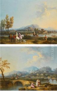 An Italianate Landscape With Elegant Figures On Horseback, Before A Riverside Town; An Italianate Landscape With Horsemen Crossing A Bridge, A Lady And Gentleman In The Foreground (pair) by Giovanni Battista Cimaroli