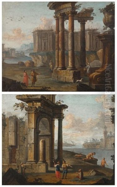 Palais Classique Et Ruines Antiques Devant Un Rivage De Mediterranee (pair) - view 1