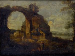 Caprice Architectural Anime De Paysans Dans Un Paysage by Giovanni Battista Cimaroli