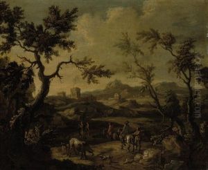 A Wooded Landscape With Travellers Conversing On A Path by Giovanni Battista Cimaroli