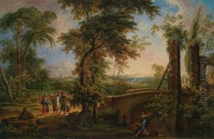 Weite Klassische Landschaft Mit Christus Und Den Jungern Auf Dem Weg Nach Emmaus