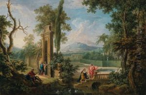 Weite Klassische Landschaft Mit Christus Und Magdalena Sowie Die Begegnung Von Maria Und Elisabeth