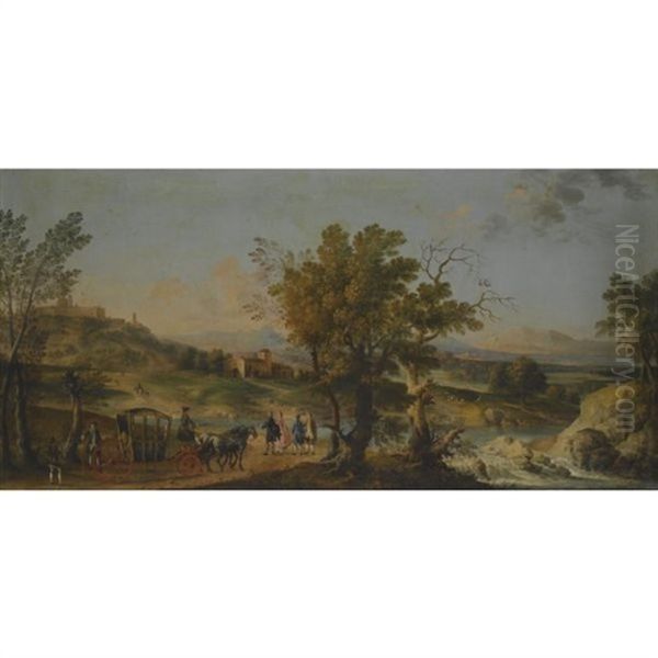 An Elegant Carriage Party Halts On The Via Lauretana, With A Veiw Of Loreto In The Background Showing The Dome Of The Basilica Della Santa Casa - view 1