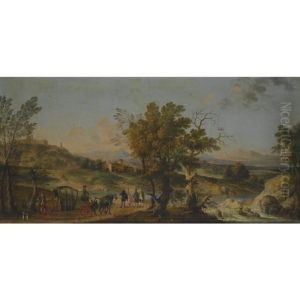 An Elegant Carriage Party Halts On The Via Lauretana, With A Veiw Of Loreto In The Background Showing The Dome Of The Basilica Della Santa Casa
