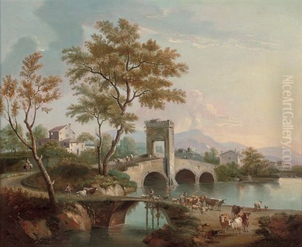 A Landscape With Drovers And Their Cattle Crossing A Bridge - view 1