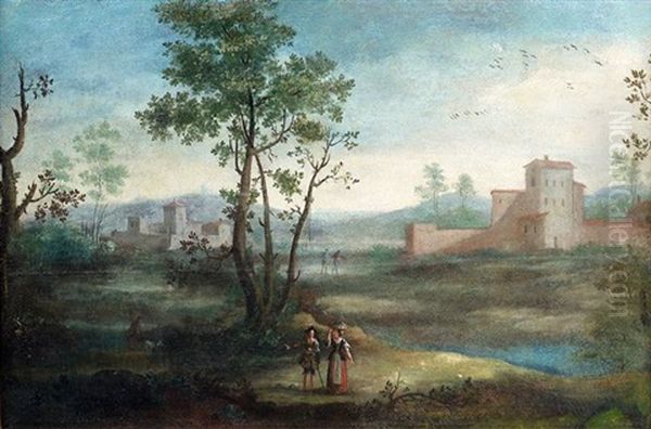 Sudliche Landschaft Mit Kastell Und Figurenstaffage (pair) - view 1