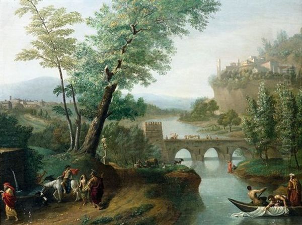 Klassische Flusslandschaft Mit Einer Brucke Uber Die Ein Trauerzug Schreitet. Im Vordergrund Links Ein Brunnen Und Zahlreiche Figuren - view 1